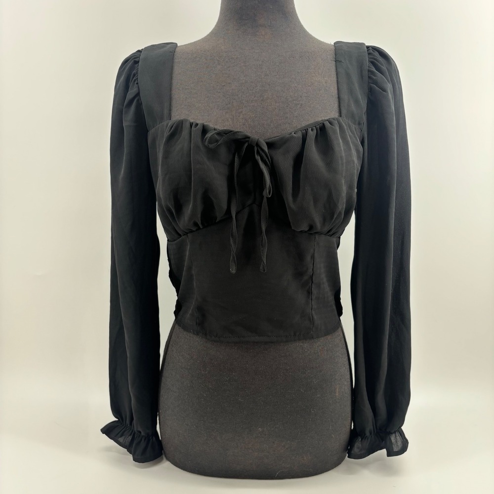 Black Long Sleeve Smocked Back Crop Top Square Neck Ruffle Cuff Tie Front